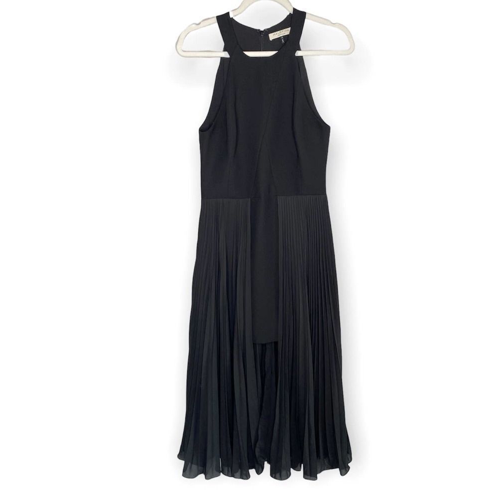 Halston Heritage Round Neck Sleeveless Pleated High Low Midi Dress Black Size 4